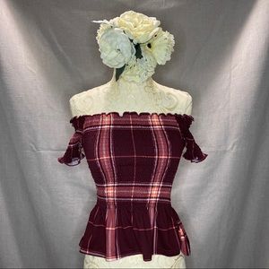 Burgundy Plaid Off The Shoulder Top